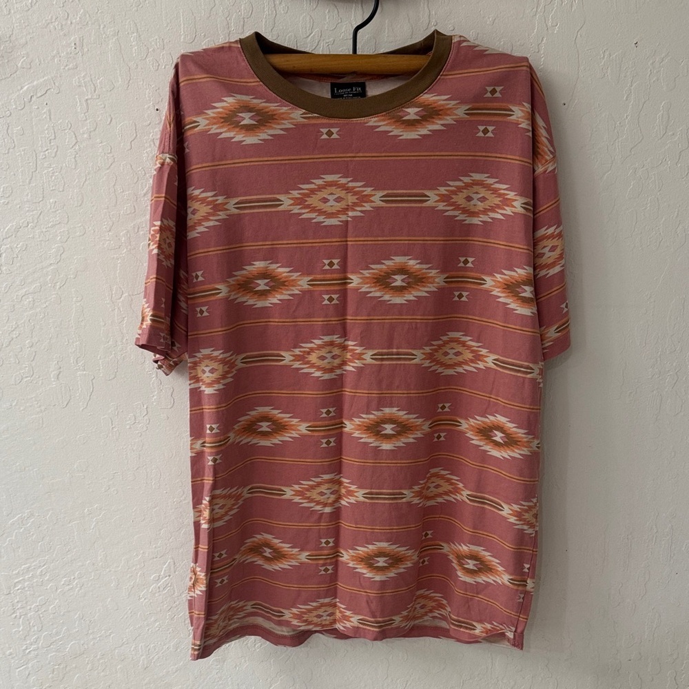 Cotton On Loose Fit Medium Western Print T Shirt Pink Orange Brown Cream